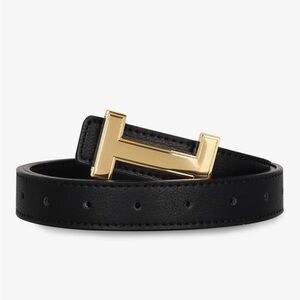 Women’s Black Leather PU Belt Gold-Tone H Buckle Size 28–31 Pant 6–10 NWOT